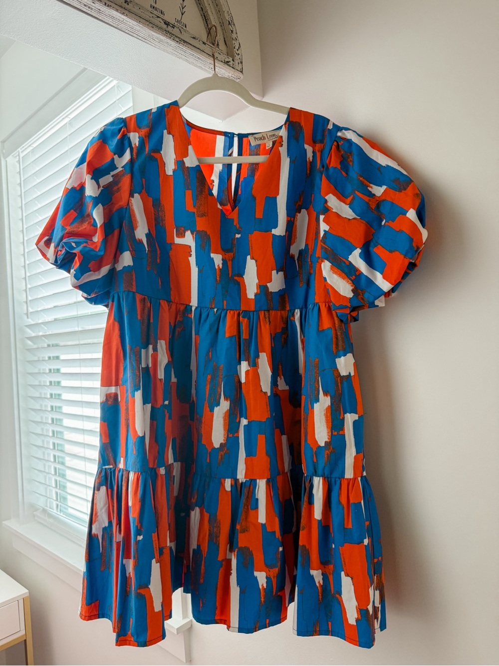Peach Love California Bright Blue & Orange Abstract Tiered Dress